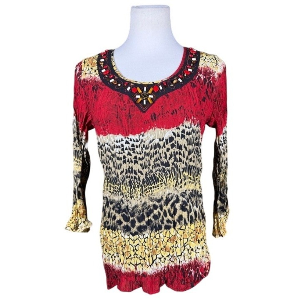 City Girl Nancy Bolen Red Animal Print Beaded Neckline Crinkle Top Small